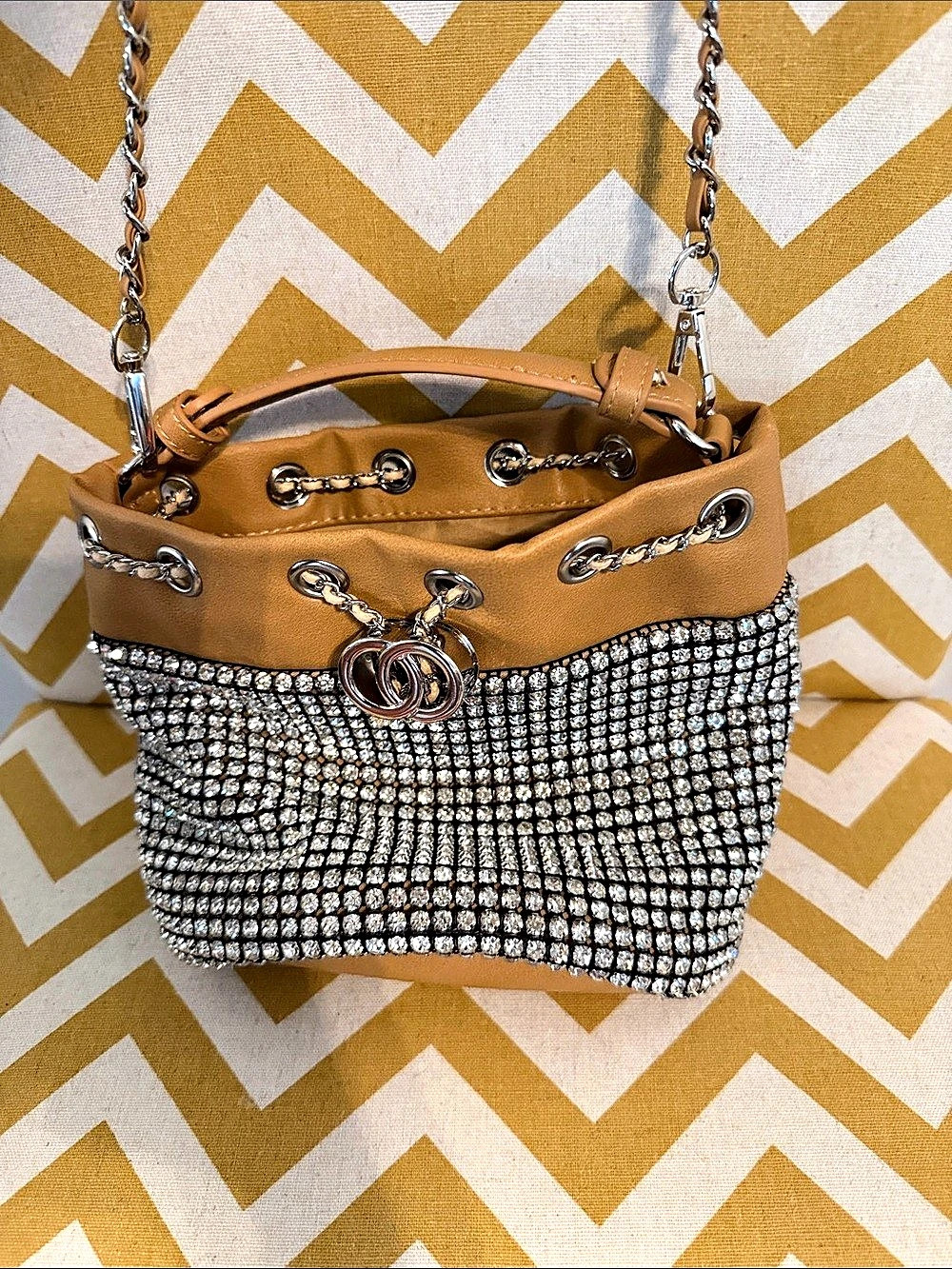 NWOT off park collection White Crystal Silver Tone Camel Brown Drawstring Bucket